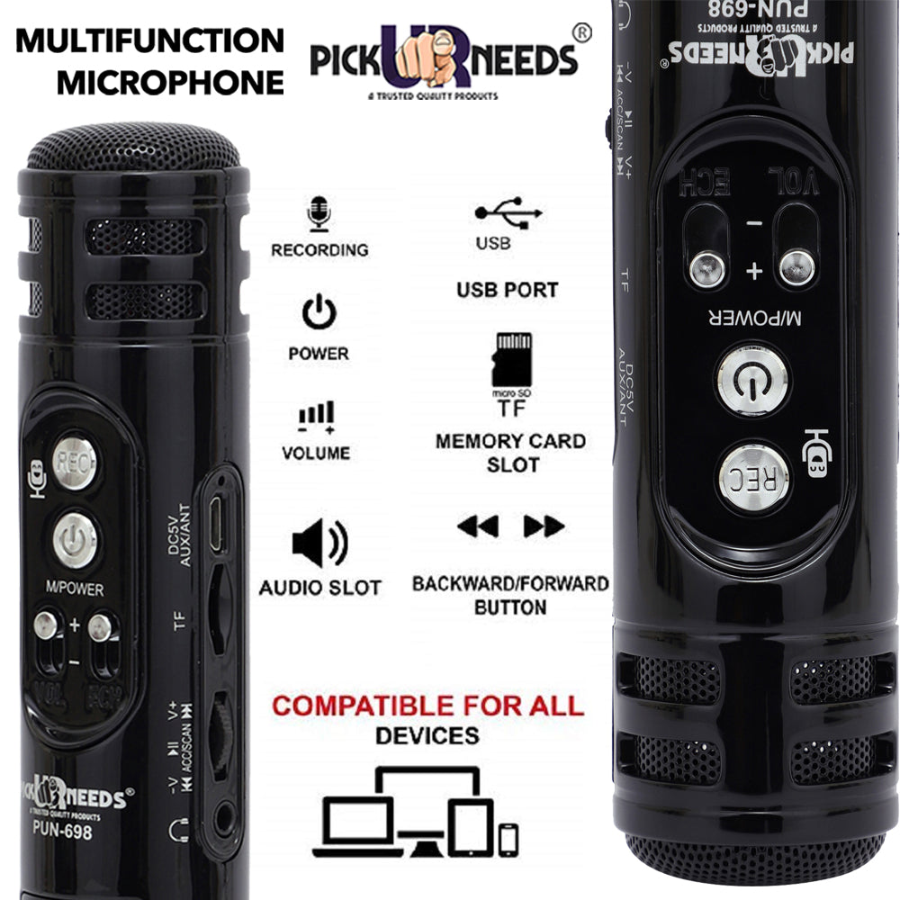 Pick Ur Needs Karaoke Mic with Led Light Wireless Bluetooth Microphone Connection Player Speaker 2-in1 with Recording + USB+FM